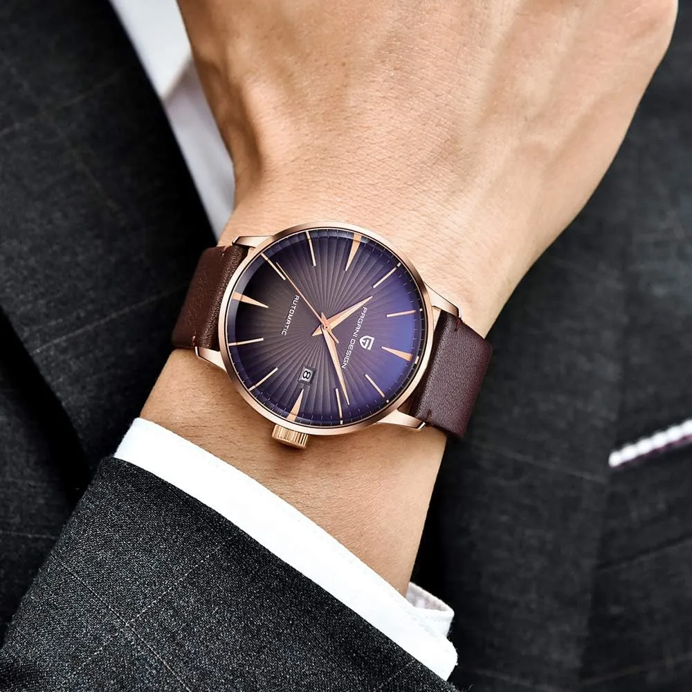 Pagani Design Fashion Men's Waterproof Stainless Steel Automatic Mechanical Watch, Date Display and Brown Leather Strap