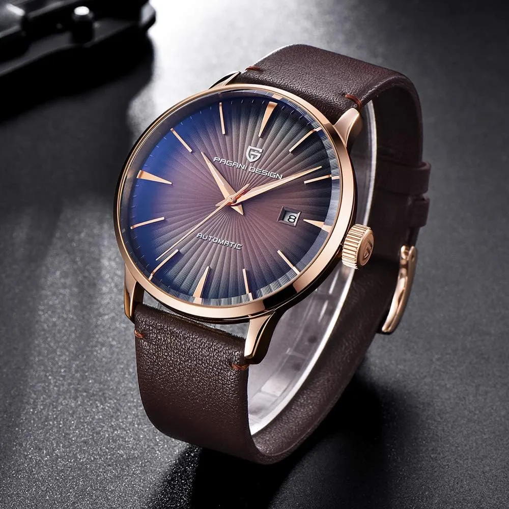 Pagani Design Fashion Men's Waterproof Stainless Steel Automatic Mechanical Watch, Date Display and Brown Leather Strap