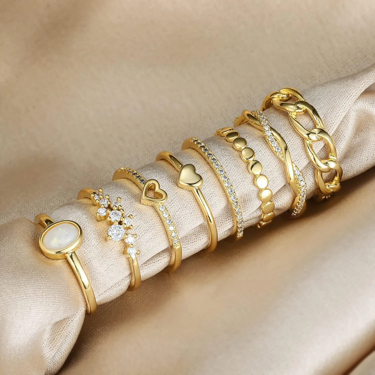 PLOMFOV 14K Gold/Silver Plate Stacking Rings Set for Women CZ Heart Simple Cute Stackable Rings Dainty Trendy Gold Statement Rings Plain Band Size 4-11