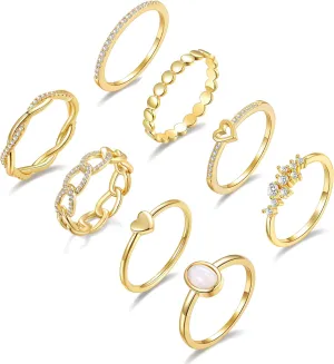 PLOMFOV 14K Gold/Silver Plate Stacking Rings Set for Women CZ Heart Simple Cute Stackable Rings Dainty Trendy Gold Statement Rings Plain Band Size 4-11