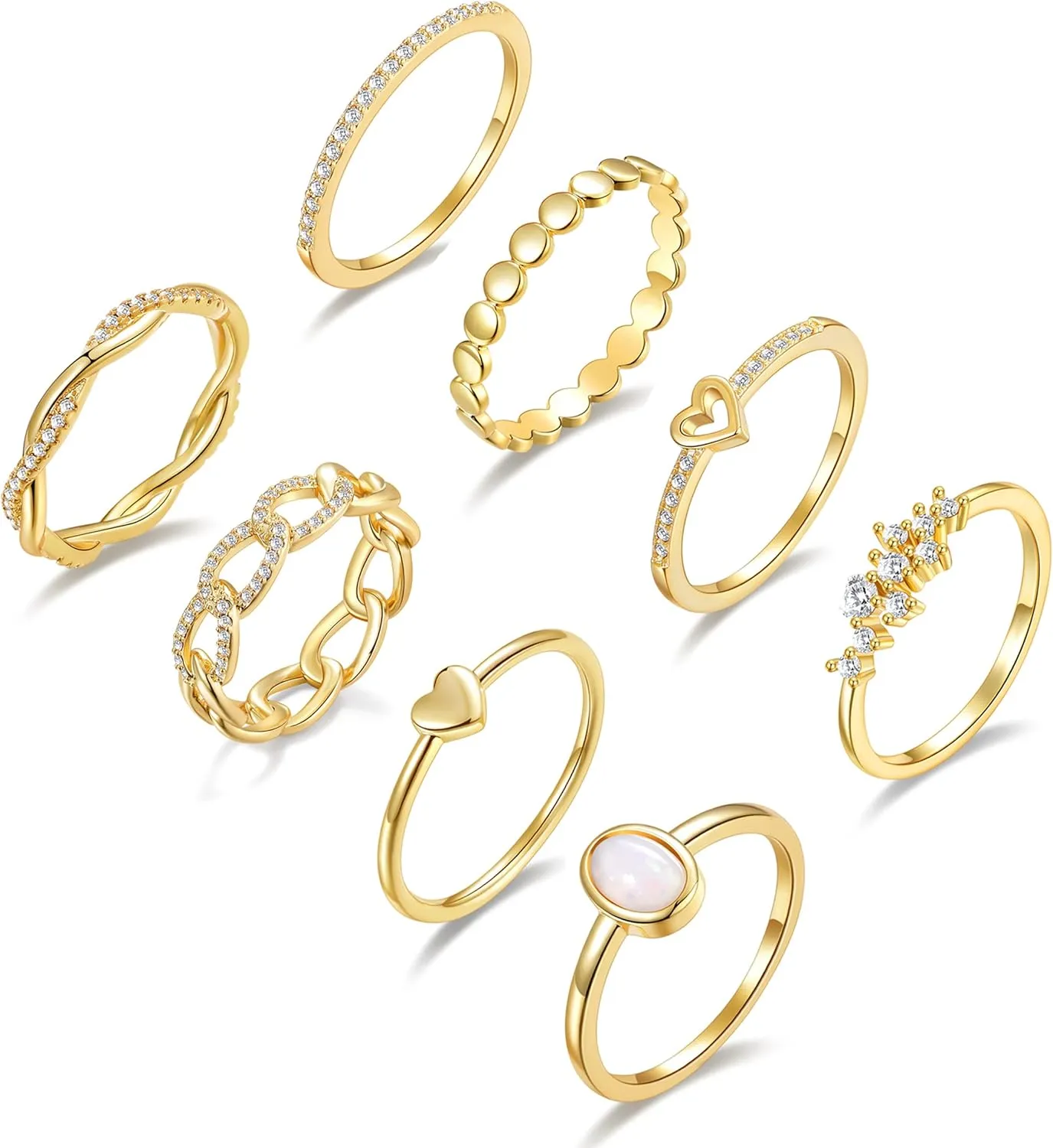 PLOMFOV 14K Gold/Silver Plate Stacking Rings Set for Women CZ Heart Simple Cute Stackable Rings Dainty Trendy Gold Statement Rings Plain Band Size 4-11