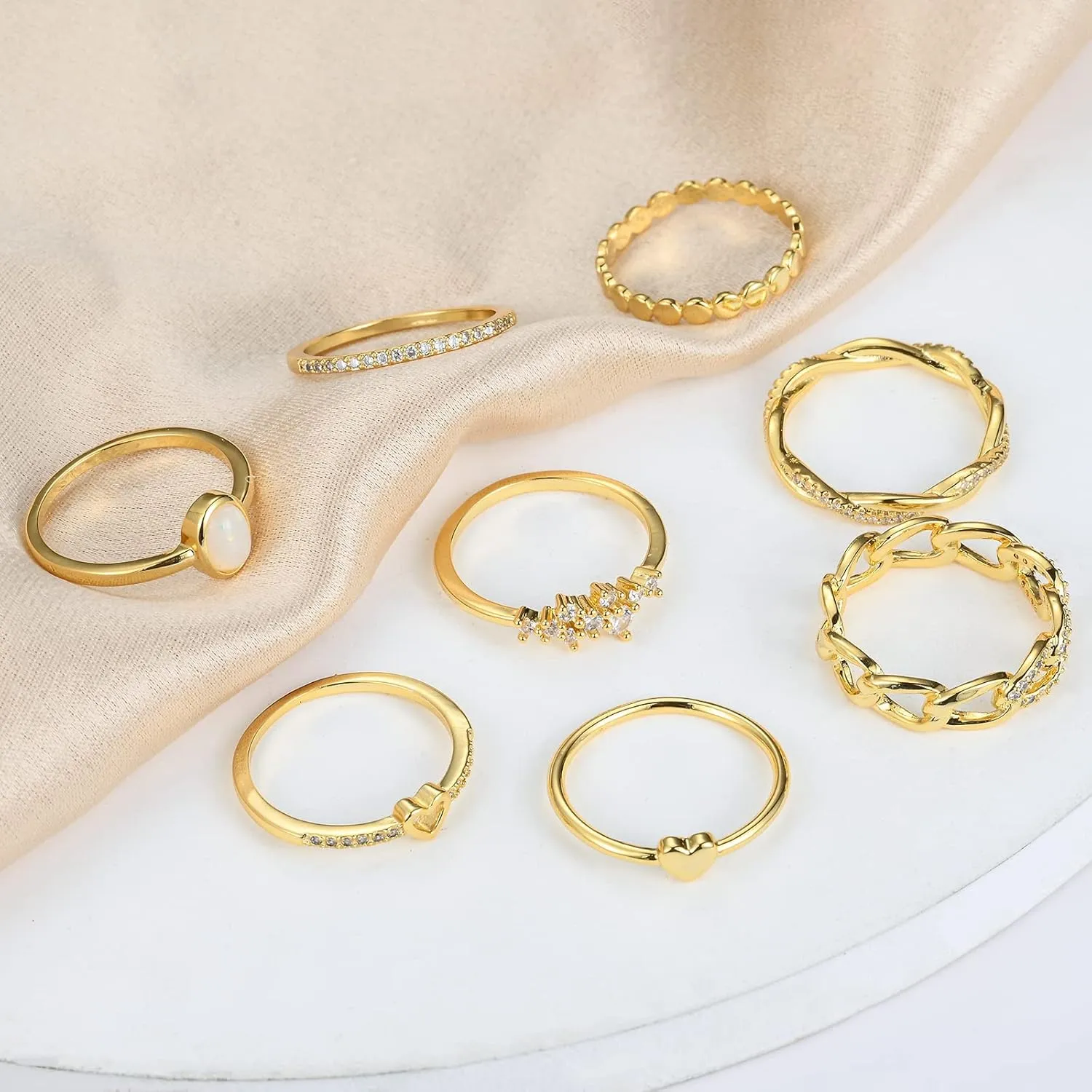 PLOMFOV 14K Gold/Silver Plate Stacking Rings Set for Women CZ Heart Simple Cute Stackable Rings Dainty Trendy Gold Statement Rings Plain Band Size 4-11