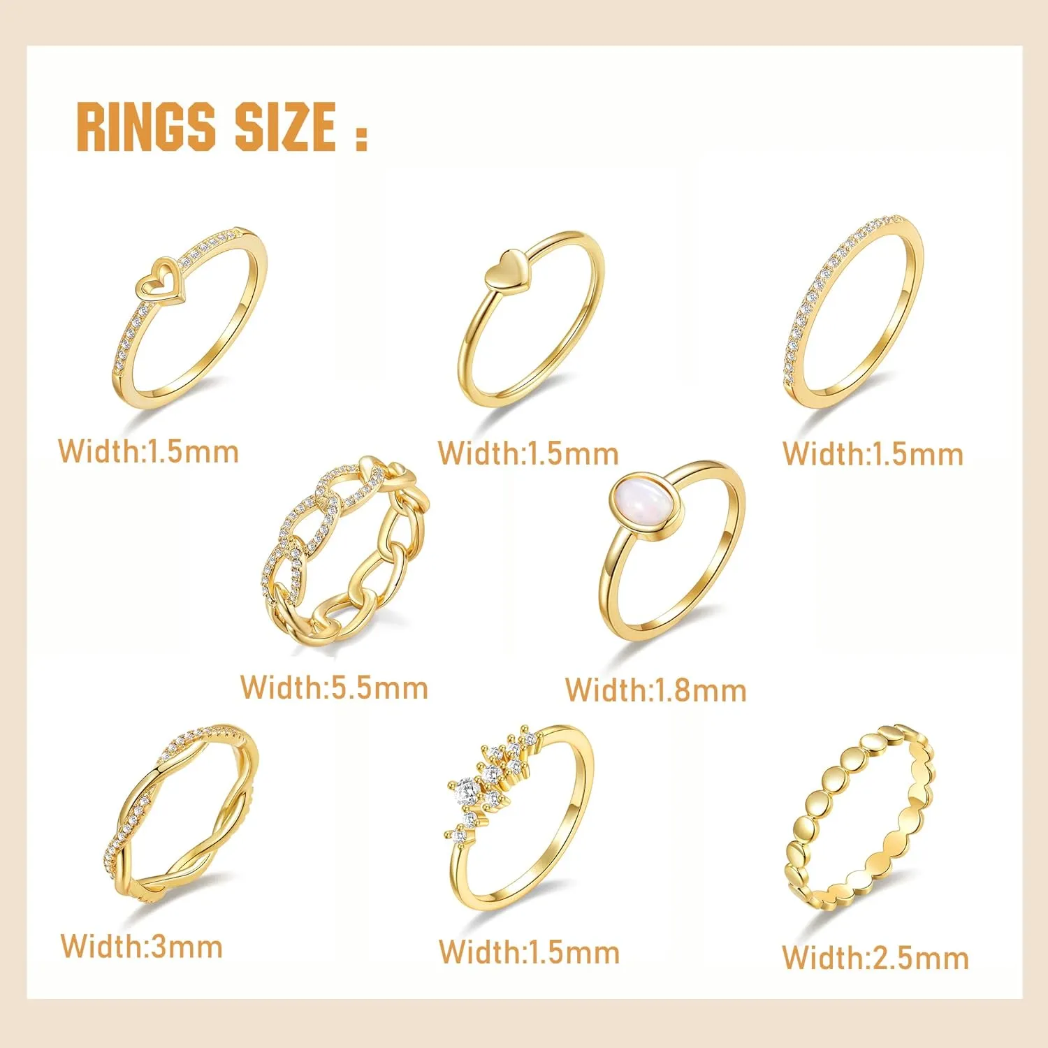 PLOMFOV 14K Gold/Silver Plate Stacking Rings Set for Women CZ Heart Simple Cute Stackable Rings Dainty Trendy Gold Statement Rings Plain Band Size 4-11