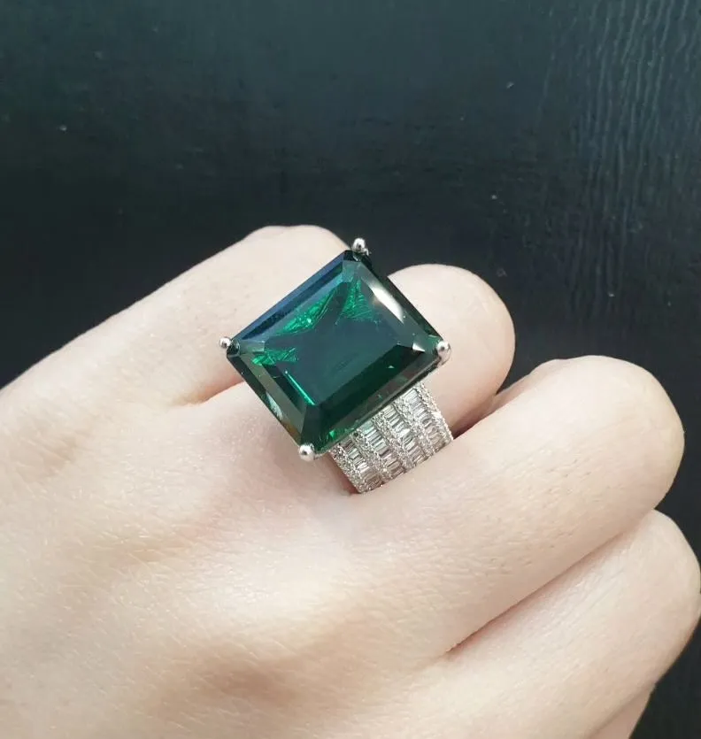 PREORDER | Large Green Emerald Baguette Statement Gemstones Diamond Ring 14kt