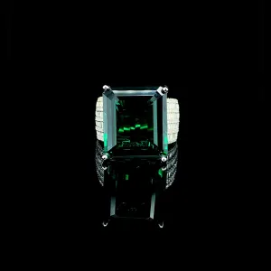 PREORDER | Large Green Emerald Baguette Statement Gemstones Diamond Ring 14kt