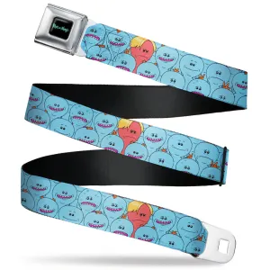 RICK AND MORTY Text Logo Full Color Black/Blue Seatbelt Belt - Rick and Morty Kirkland Meeseeks and Meeseeks Expressions Blue/Red Webbing