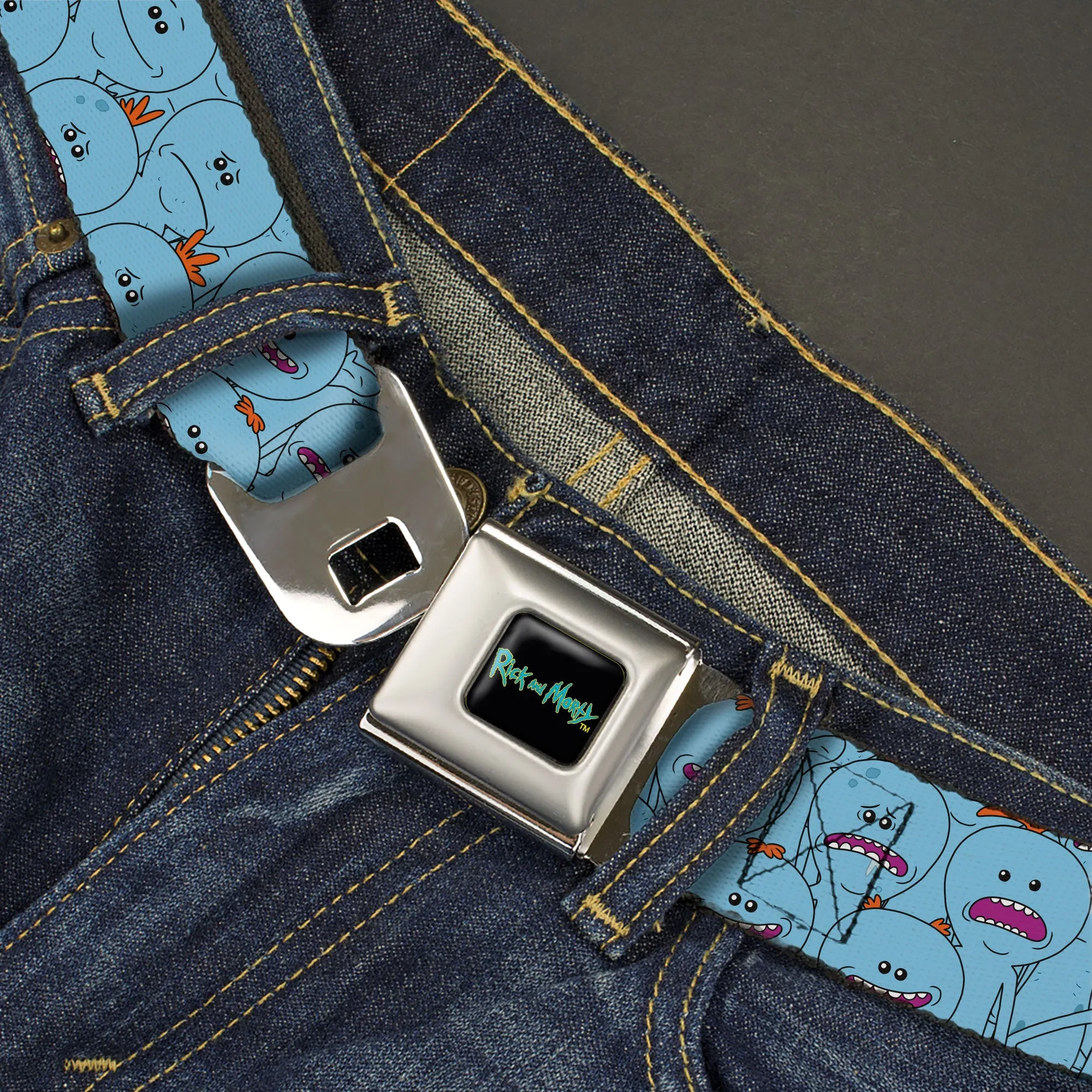 RICK AND MORTY Text Logo Full Color Black/Blue Seatbelt Belt - Rick and Morty Kirkland Meeseeks and Meeseeks Expressions Blue/Red Webbing