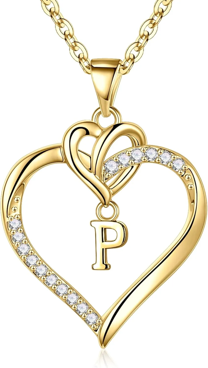 STORUP Graduation Gifts for Her - Heart Initial Necklaces for Women Girls, 14K Gold Plated Cubic Zirconia Heart Initial A-Z Pendant Necklace Dainty Heart Necklaces for Women Jewelry Birthday Gifts