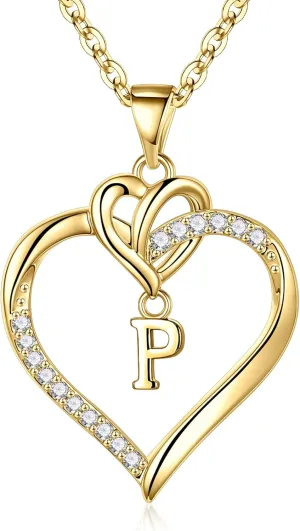 STORUP Graduation Gifts for Her - Heart Initial Necklaces for Women Girls, 14K Gold Plated Cubic Zirconia Heart Initial A-Z Pendant Necklace Dainty Heart Necklaces for Women Jewelry Birthday Gifts