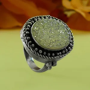 White Agate Druzy 925 Sterling Silver Statement Ring, Bohemian ring